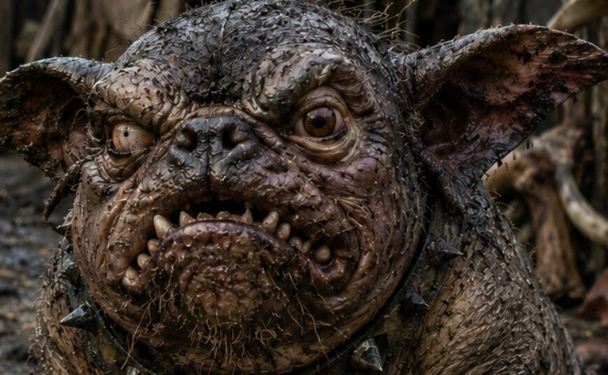 Kurioses Fantasy-Naturfoto im Hochformat: Ein gedrungener orkischer Grollmops mit schlammverkrusteter Haut, schiefen Zähnen, gelben Augen und breitem Halsband hockt missmutig in einem dreckigen Orkhof. Vor ihm liegen ein großer Knochen, ein Futternapf und ein alter Stiefel. Die Szene wirkt wie eine erschreckend echte Haustieraufnahme aus den Zwischenreichen.