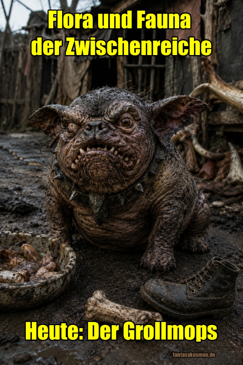 Kurioses Fantasy-Naturfoto im Hochformat: Ein gedrungener orkischer Grollmops mit schlammverkrusteter Haut, schiefen Zähnen, gelben Augen und breitem Halsband hockt missmutig in einem dreckigen Orkhof. Vor ihm liegen ein großer Knochen, ein Futternapf und ein alter Stiefel. Die Szene wirkt wie eine erschreckend echte Haustieraufnahme aus den Zwischenreichen.