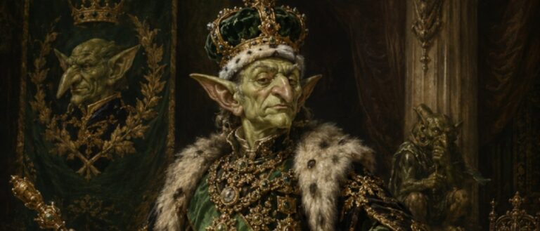Ein hochgewachsener Goblinkönig mit grüner Haut, langer Nase und spitzen Ohren steht in einem prunkvollen Thronsaal. Er trägt eine überladene Krone, einen pelzbesetzten Mantel, grüne Samtgewänder, Orden, Ketten und einen goldenen Herrscherstab.