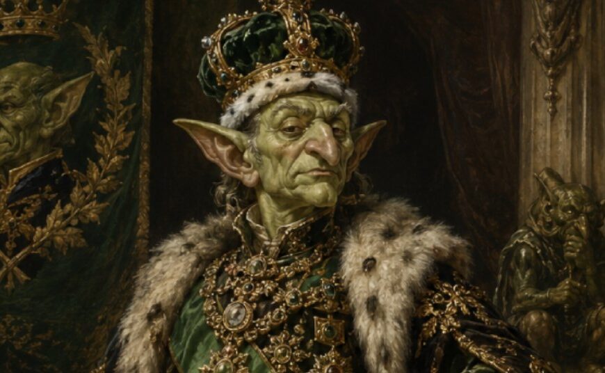 Ein hochgewachsener Goblinkönig mit grüner Haut, langer Nase und spitzen Ohren steht in einem prunkvollen Thronsaal. Er trägt eine überladene Krone, einen pelzbesetzten Mantel, grüne Samtgewänder, Orden, Ketten und einen goldenen Herrscherstab.