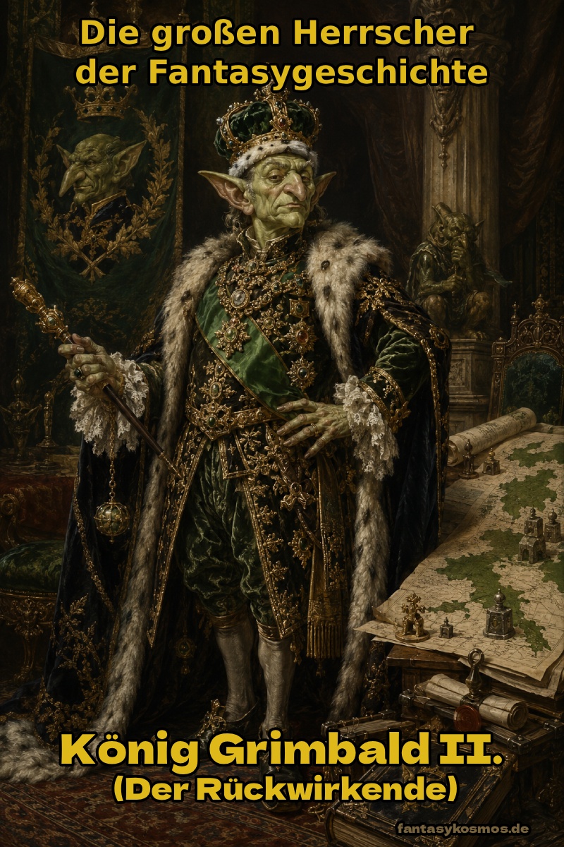Fantasy-Ahnenporträt im 2:3-Format: Ein hochgewachsener Goblinkönig mit grüner Haut, langer Nase und spitzen Ohren steht in einem prunkvollen Thronsaal. Er trägt eine überladene Krone, einen pelzbesetzten Mantel, grüne Samtgewänder, Orden, Ketten und einen goldenen Herrscherstab. Neben ihm liegt eine große Karte der Zwischenreiche mit Markierungen und Grenzsymbolen. Im Hintergrund hängen Banner und ein offizielles Herrscherporträt, das seine Macht und seinen übertriebenen Staatsprunk betonen.