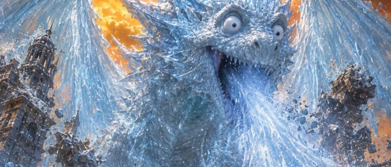 Fantasy-Meme zur Hitzewelle in den Zwischenreichen: Ein riesiger, dumm glotzender Eisdrache namens Frostzilla zerstört mit eisigem Atem eine überhitzte Fantasy-Stadt.