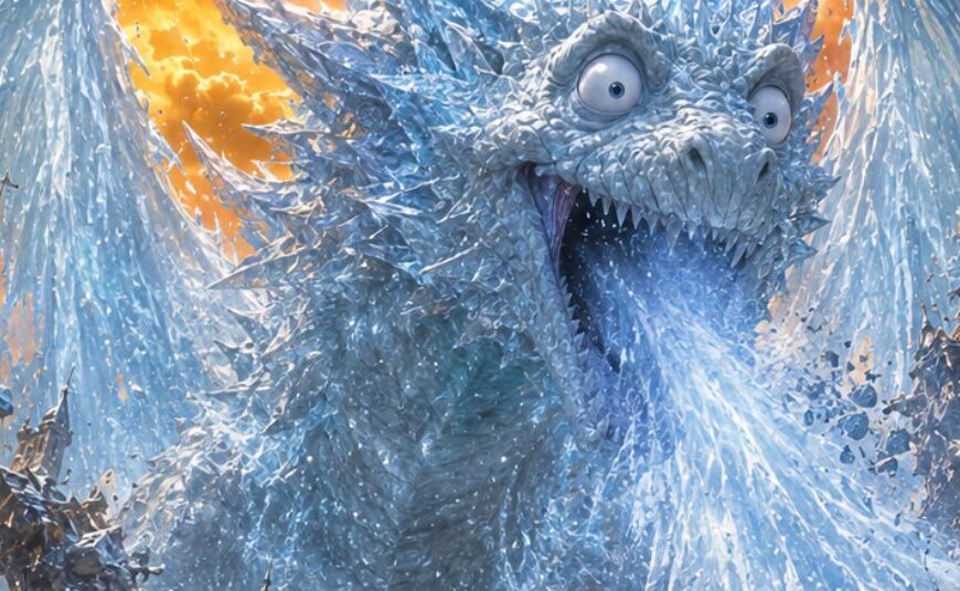 Fantasy-Meme zur Hitzewelle in den Zwischenreichen: Ein riesiger, dumm glotzender Eisdrache namens Frostzilla zerstört mit eisigem Atem eine überhitzte Fantasy-Stadt.