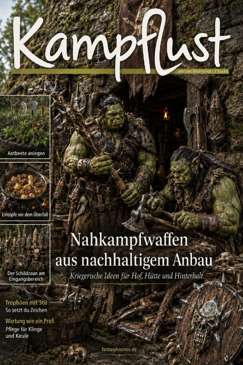 Fantasy-Magazincover von Kampflust im Stil eines ländlichen Lifestyle-Hefts: Vor einer moosigen Wehrhütte stehen zwei Orks zwischen Waffen, Schilden und Werkbank. Die große Titelgeschichte lautet „Nahkampfwaffen aus nachhaltigem Anbau“, dazu kleine Themen wie Axtbeete anlegen, Eintöpfe vor dem Überfall und Der Schildzaun am Eingangsbereich.