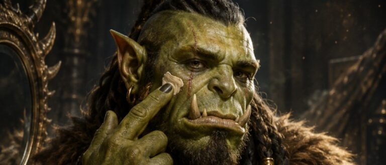 Absurd-fotorealistische Fantasy-Werbeszene: Ein massiver Ork-Krieger sitzt in düster-luxuriöser Beleuchtung vor einer Auslage edler Pflegeprodukte und trägt sich sehr ernst Gesichtscreme auf die Wange auf.