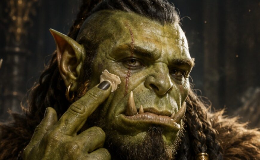 Absurd-fotorealistische Fantasy-Werbeszene: Ein massiver Ork-Krieger sitzt in düster-luxuriöser Beleuchtung vor einer Auslage edler Pflegeprodukte und trägt sich sehr ernst Gesichtscreme auf die Wange auf.