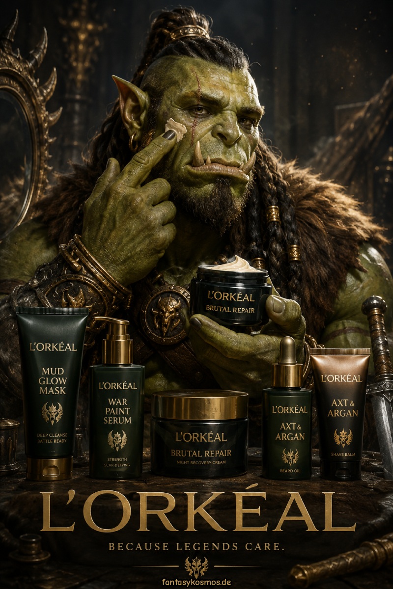 Absurd-fotorealistische Fantasy-Werbeszene: Ein massiver Ork-Krieger sitzt in düster-luxuriöser Beleuchtung vor einer Auslage edler Pflegeprodukte und trägt sich sehr ernst Gesichtscreme auf die Wange auf. Vor ihm stehen dunkle Flakons, Tiegel und Tuben der fiktiven Luxusmarke L’ORKÉAL mit goldener Beschriftung, darunter Brutal Repair, Mud Glow Mask, War Paint Serum und Axt & Argan.