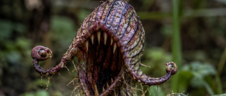 Makroartiges Fantasy-Naturfoto im Hochformat: Eine bizarre fleischfressende Pflanze mit violett-grünen Blättern, fangzahnbewehrter Blüte und zwei seitlichen Trieben mit bösen Augen wächst im feuchten Boden von Knattermoor. Schleim, Moos und fleischige Knospen verleihen der Pflanze das Aussehen eines erschreckend echten botanischen Fehlers.