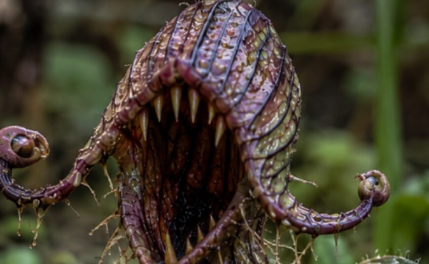 Makroartiges Fantasy-Naturfoto im Hochformat: Eine bizarre fleischfressende Pflanze mit violett-grünen Blättern, fangzahnbewehrter Blüte und zwei seitlichen Trieben mit bösen Augen wächst im feuchten Boden von Knattermoor. Schleim, Moos und fleischige Knospen verleihen der Pflanze das Aussehen eines erschreckend echten botanischen Fehlers.