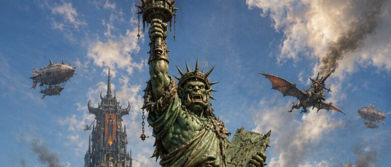 Monumentale orkische Freiheitsstatue im Hafen von New Ork vor einer gewaltigen Fantasy-Metropole aus Festungstürmen, Rauchschloten und Hängebrücken, während orkische Boote, Luftschiffe und Wyvern die Stadt umgeben.