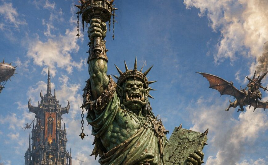 Monumentale orkische Freiheitsstatue im Hafen von New Ork vor einer gewaltigen Fantasy-Metropole aus Festungstürmen, Rauchschloten und Hängebrücken, während orkische Boote, Luftschiffe und Wyvern die Stadt umgeben.