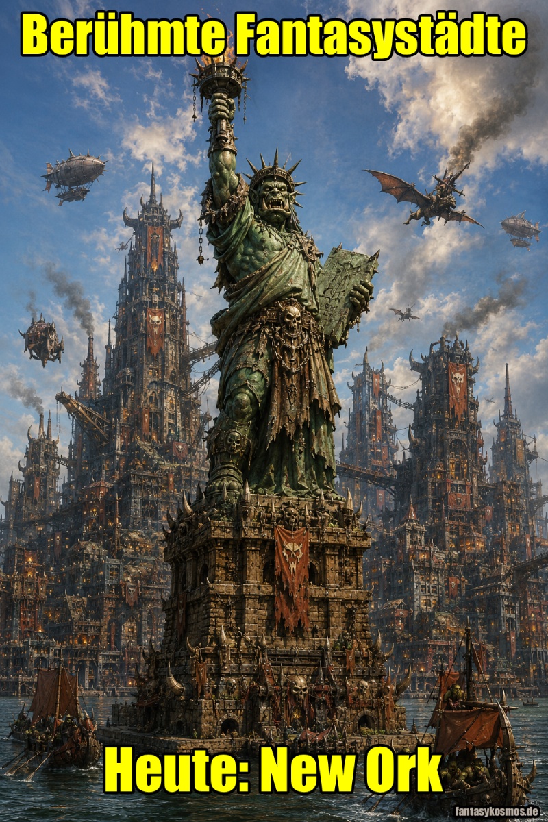 Monumentale orkische Freiheitsstatue im Hafen von New Ork vor einer gewaltigen Fantasy-Metropole aus Festungstürmen, Rauchschloten und Hängebrücken, während orkische Boote, Luftschiffe und Wyvern die Stadt umgeben.