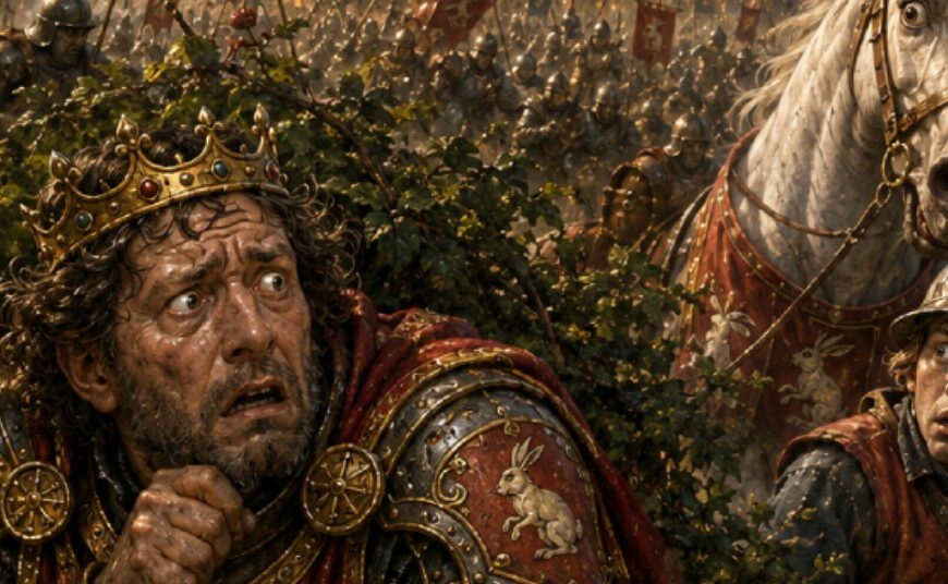 Riechard Hasenherz, ein verängstigter Ritterkönig mit Hasenwappen, versteckt sich im Gebüsch, während hinter ihm eine gewaltige Fantasy-Schlacht mit Drachen, Feuer und belagerter Burg tobt.