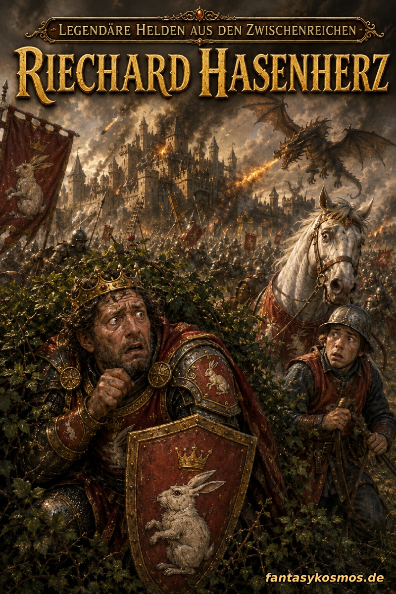 Riechard Hasenherz, ein verängstigter Ritterkönig mit Hasenwappen, versteckt sich im Gebüsch, während hinter ihm eine gewaltige Fantasy-Schlacht mit Drachen, Feuer und belagerter Burg tobt.