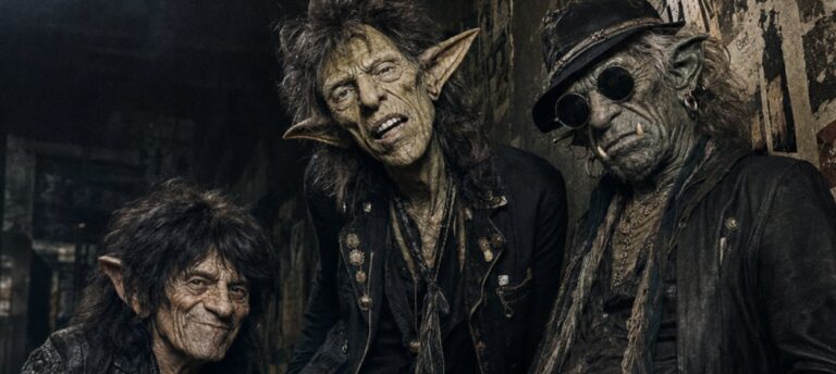Vor einer verrauchten Backstage-Wand posieren drei abgerissene Rocklegenden in schwarzem Leder. Im Zentrum steht ein schlaksiger Goblin mit breitem Mund und exzentrischer Körpersprache, daneben ein zerfurchter Ork mit Hut, Rundbrille und Schmuck sowie ein schmaler Zwerg mit dunklem Haar und verschmitztem Blick.