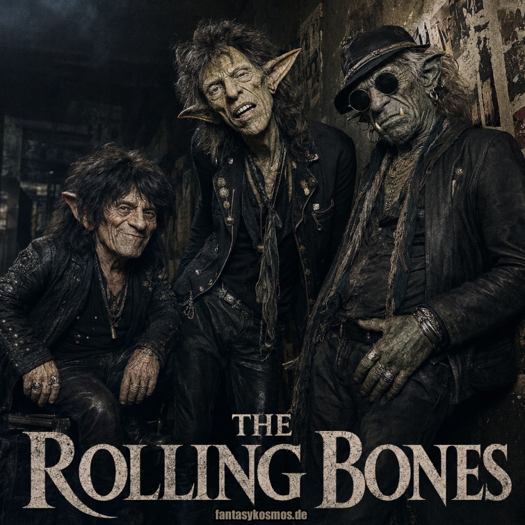 Quadratisches, fotorealistisches Fantasy-Rockporträt der Band The Rolling Bones: Vor einer verrauchten Backstage-Wand posieren drei abgerissene Rocklegenden in schwarzem Leder. Im Zentrum steht ein schlaksiger Goblin mit breitem Mund und exzentrischer Körpersprache, daneben ein zerfurchter Ork mit Hut, Rundbrille und Schmuck sowie ein schmaler Zwerg mit dunklem Haar und verschmitztem Blick. Oben steht in großen weißen Buchstaben „THE ROLLING BONES“.