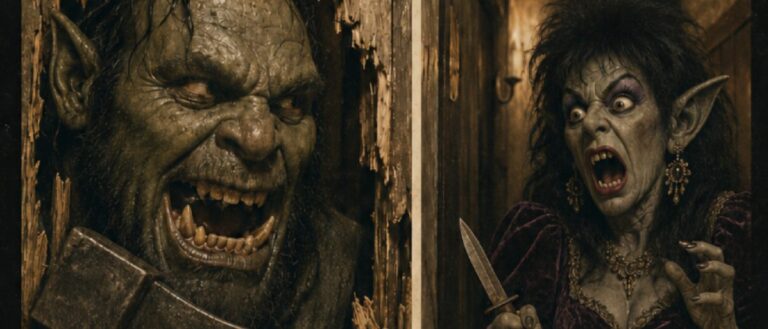 Gealtertes Fantasy-Horrorfilmplakat im Stil eines Achtzigerjahre-Klassikers: Links bricht ein wahnsinnig grinsender Ork mit einer gewaltigen Axt durch eine zertrümmerte Holztür. Rechts schreit eine aufgetakelte Goblintante im dunklen Samtkleid und hält ihm ein kleines Küchenmesser entgegen.