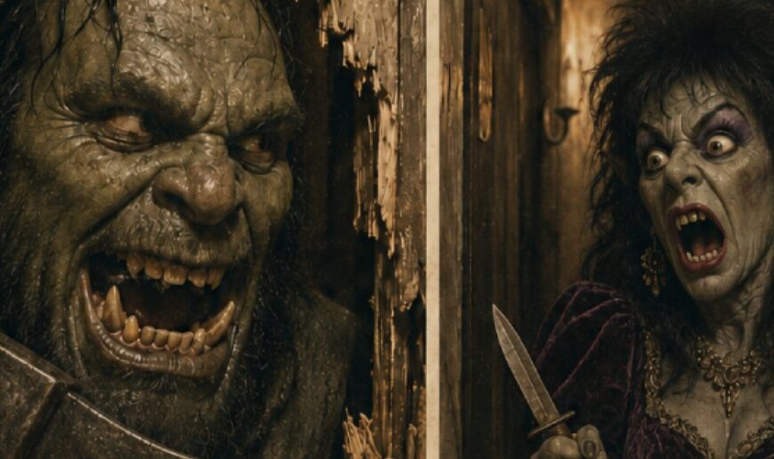 Gealtertes Fantasy-Horrorfilmplakat im Stil eines Achtzigerjahre-Klassikers: Links bricht ein wahnsinnig grinsender Ork mit einer gewaltigen Axt durch eine zertrümmerte Holztür. Rechts schreit eine aufgetakelte Goblintante im dunklen Samtkleid und hält ihm ein kleines Küchenmesser entgegen.