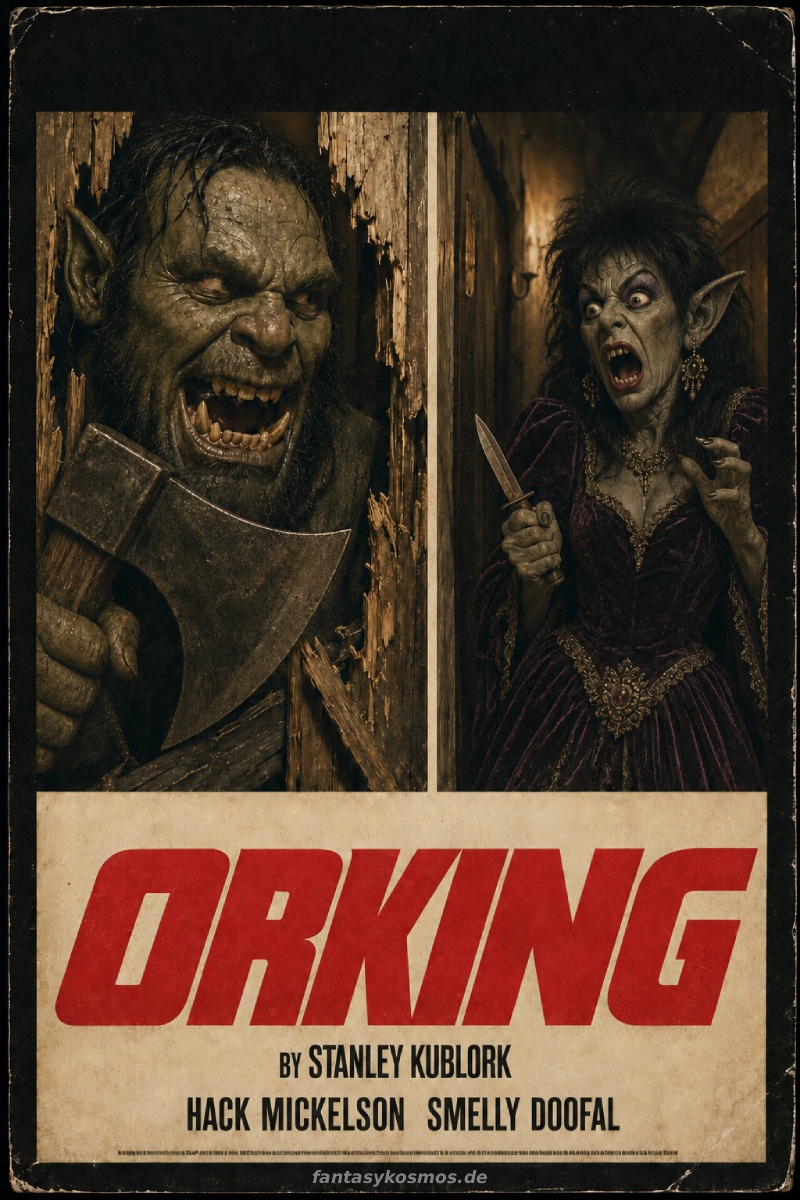Gealtertes Fantasy-Horrorfilmplakat im Stil eines Achtzigerjahre-Klassikers: Links bricht ein wahnsinnig grinsender Ork mit einer gewaltigen Axt durch eine zertrümmerte Holztür. Rechts schreit eine aufgetakelte Goblintante im dunklen Samtkleid und hält ihm ein kleines Küchenmesser entgegen. Unter den Bildern stehen der rote Filmtitel „ORKING“ sowie die Namen Stanley Kublork, Hack Mickelson und Smelly Doofal.