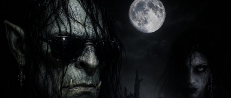 Fantasy-Albumcover im düsteren Gothic-Stil: Vor schwarzem Nachthimmel und einem vollen Mond ragt links das bleiche Gesicht eines pathetischen Goth-Orks mit dunkler Sonnenbrille und langen schwarzen Haaren aus der Finsternis. Rechts erscheint das geisterhafte Gesicht einer Banshee. Unter ihnen glitzert schwarzes Wasser, aus dem zerfallene gotische Türme und Ruinen ragen.