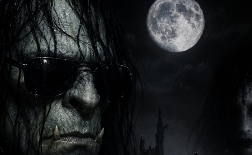 Fantasy-Albumcover im düsteren Gothic-Stil: Vor schwarzem Nachthimmel und einem vollen Mond ragt links das bleiche Gesicht eines pathetischen Goth-Orks mit dunkler Sonnenbrille und langen schwarzen Haaren aus der Finsternis. Rechts erscheint das geisterhafte Gesicht einer Banshee. Unter ihnen glitzert schwarzes Wasser, aus dem zerfallene gotische Türme und Ruinen ragen.