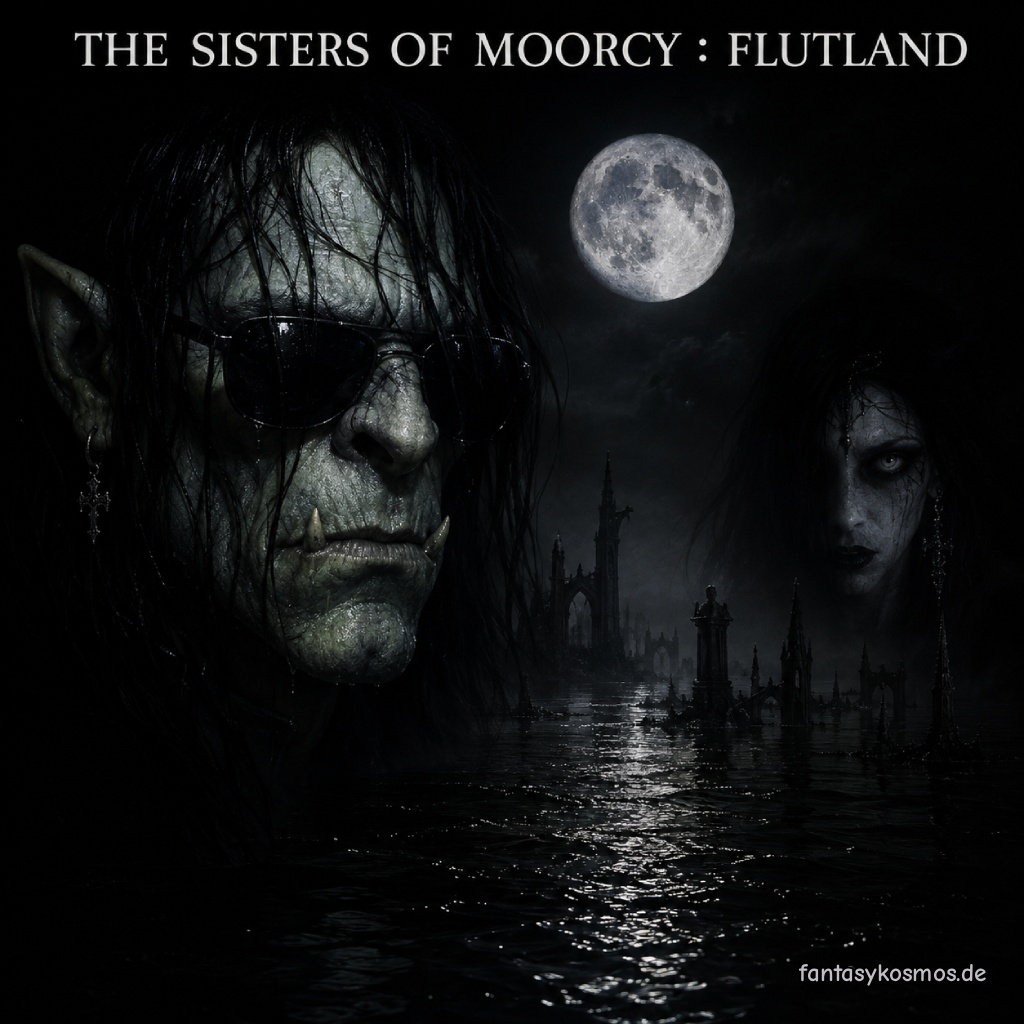 Quadratisches Fantasy-Albumcover im düsteren Gothic-Stil: Vor schwarzem Nachthimmel und einem vollen Mond ragt links das bleiche Gesicht eines pathetischen Goth-Orks mit dunkler Sonnenbrille und langen schwarzen Haaren aus der Finsternis. Rechts erscheint das geisterhafte Gesicht einer Banshee. Unter ihnen glitzert schwarzes Wasser, aus dem zerfallene gotische Türme und Ruinen ragen. Oben steht in weißer Schrift: „The Sisters of Moorcy : Flutland“.