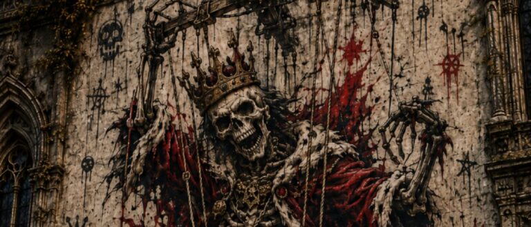 **Alt-Text (Meme-Bild):** Düstere Fantasy-Streetart auf einer verwitterten Palastmauer: Ein riesiges Graffiti zeigt einen gekrönten Skelettkönig in zerfetztem rot-schwarzem Mantel, der wie eine groteske Marionette an Fäden hängt und mit verrenkten Knochen tanzt. Unter der Figur steht in monumentaler Schrift „Der tote König tanzt noch“. Kleine Totenschädel, Kronen, Särge und anarchische Zeichen umgeben das zentrale Wandbild.