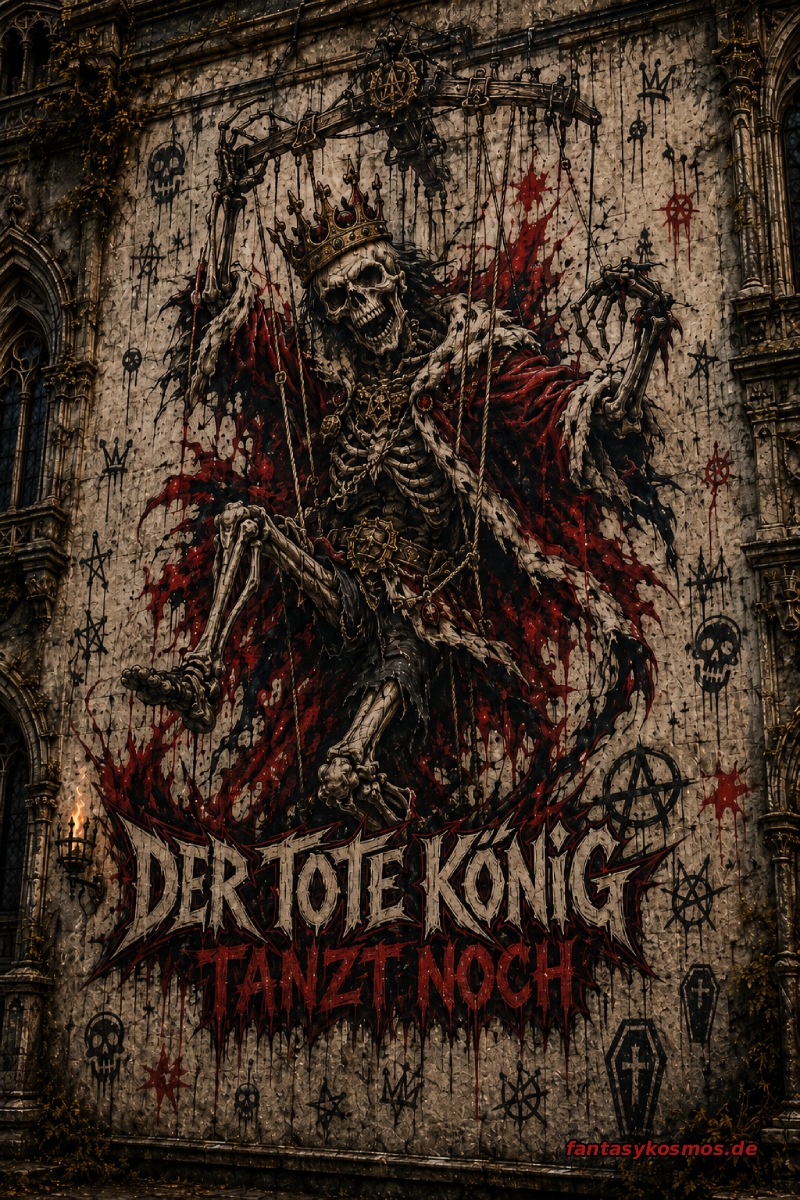 **Alt-Text (Meme-Bild):**
Düstere Fantasy-Streetart auf einer verwitterten Palastmauer: Ein riesiges Graffiti zeigt einen gekrönten Skelettkönig in zerfetztem rot-schwarzem Mantel, der wie eine groteske Marionette an Fäden hängt und mit verrenkten Knochen tanzt. Unter der Figur steht in monumentaler Schrift „Der tote König tanzt noch“. Kleine Totenschädel, Kronen, Särge und anarchische Zeichen umgeben das zentrale Wandbild.
