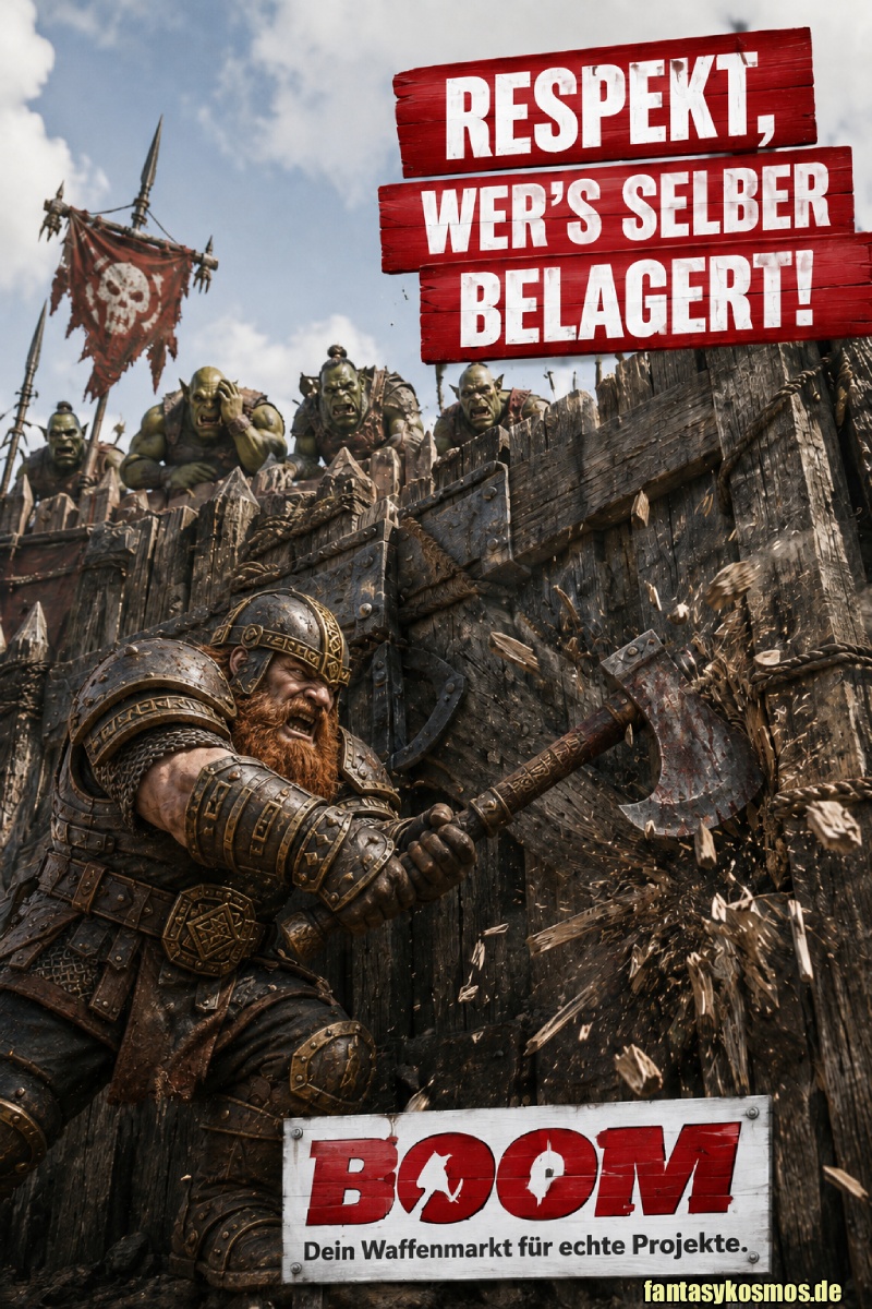 Satirische Fantasy-Werbeanzeige im Stil einer Baumarkt- oder Waffenmarkt-Kampagne: Ein schwer gerüsteter Kampfzwerg mit rotem Bart schlägt mit einer blutverschmierten Kriegsaxt wuchtig gegen das hölzerne Tor eines heruntergekommenen Ork-Dorfs. Holzsplitter fliegen durch die Luft. Oben auf der Palisade schauen mehrere Orks irritiert und leicht ratlos herab. Rechts oben steht auf roten Holzplanken der Spruch „RESPEKT, WER’S SELBER BELAGERT!“. Unten prangt das Logo „BOOM“ mit dem Zusatz „Dein Waffenmarkt für echte Projekte.“