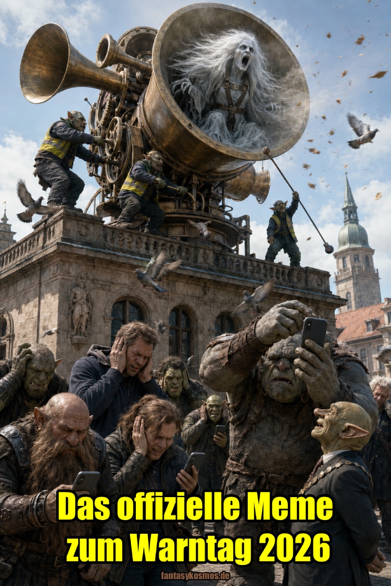 Absurd-fotorealistische Fantasy-Szene zum Warntag 2026: Auf einem Rathausdach kreischt eine angekettete Banshee aus einer riesigen Messingsirene, die von Kobolden bedient wird. Auf dem Marktplatz halten sich Menschen, Orks und Trolle die Ohren zu, während ihre Smartphones Alarm schlagen und der Bürgermeister zufrieden den Funktionstest überwacht.