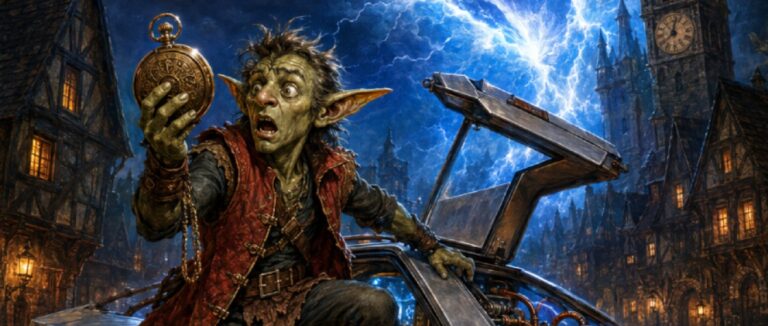 Ein junger Goblin steigt erschrocken aus einer silbernen Zeitkutsche mit Flügeltür und hält eine große Taschenuhr hoch.