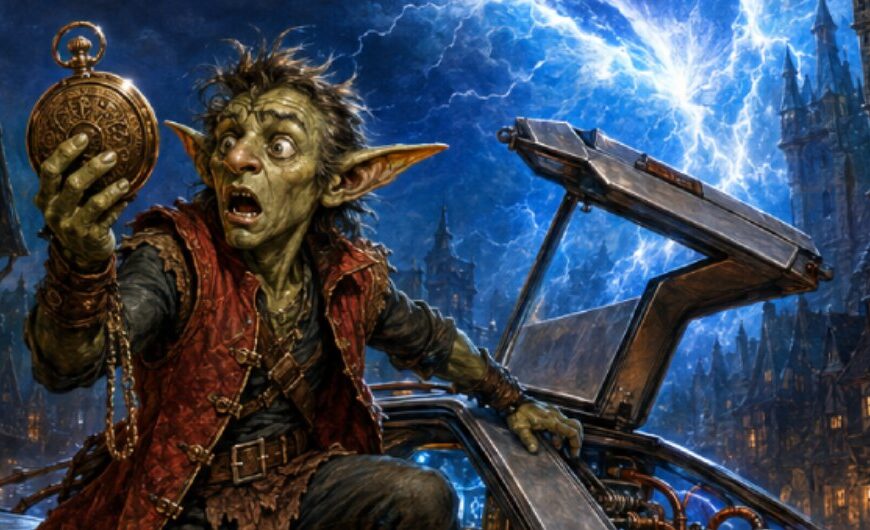 Ein junger Goblin steigt erschrocken aus einer silbernen Zeitkutsche mit Flügeltür und hält eine große Taschenuhr hoch.