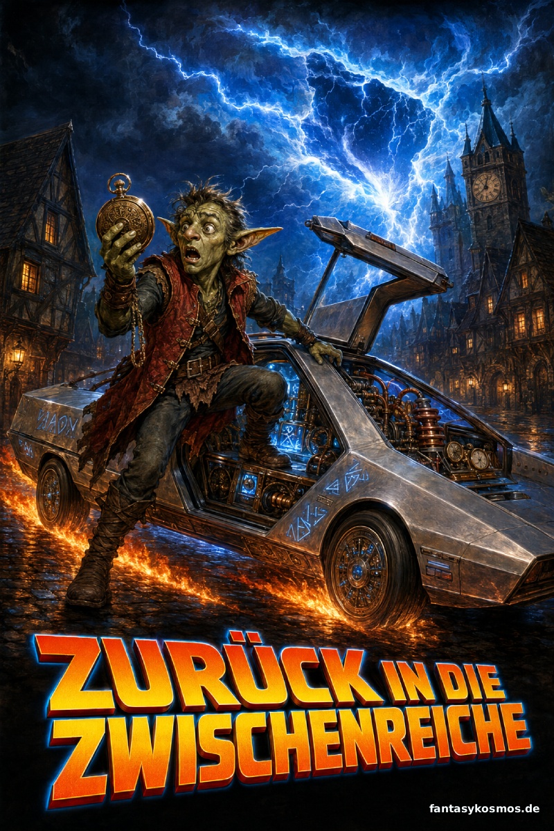 Fantasy-Kinoplakat im Stil eines handgemalten Achtzigerjahre-Filmposters: Ein junger Goblin steigt erschrocken aus einer silbernen Zeitkutsche mit Flügeltür und hält eine große Taschenuhr hoch. Hinter dem runenbetriebenen Gefährt ziehen sich brennende Spuren über das Kopfsteinpflaster, während Blitze über einer mittelalterlichen Stadt und ihrem Uhrturm zucken. Oben steht der Titel Zurück in die Zwischenreiche.