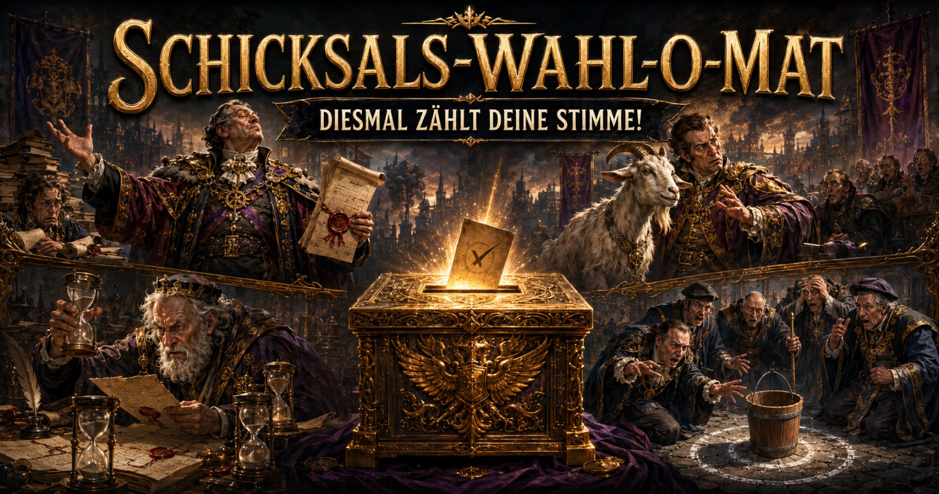 Der Banner zum Schicksals-Wahl-O-Maten. Die Fantasy Wahl in den Zwischenreichen.