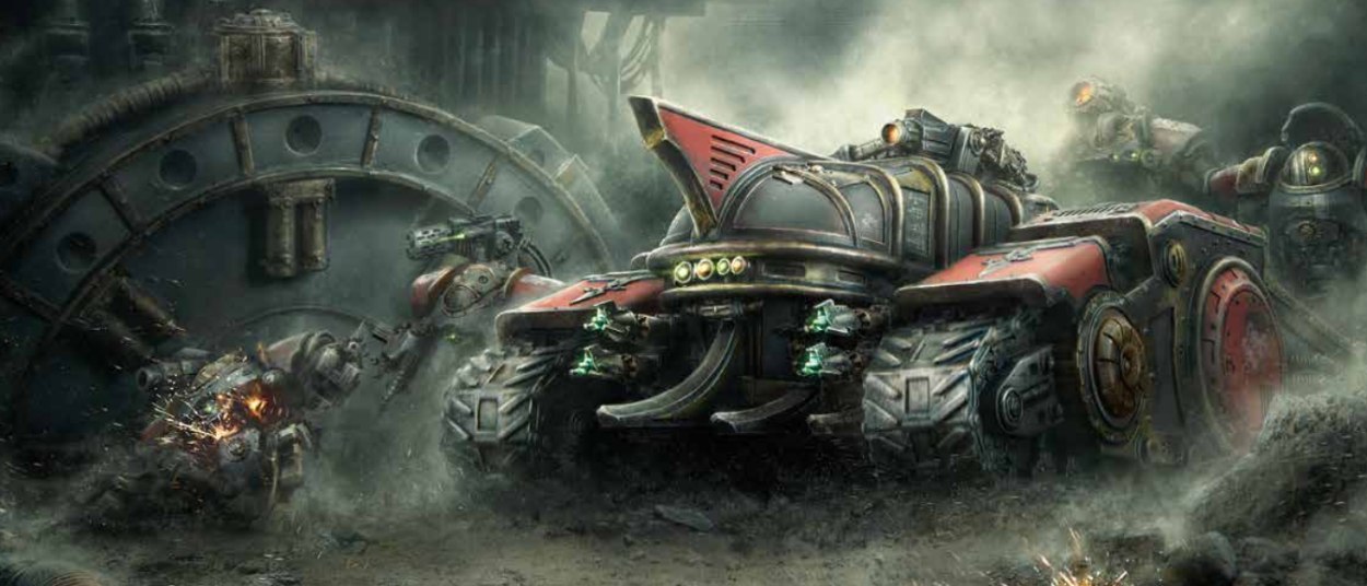 Ein schwer gepanzertes rotes Kriegsfahrzeug fährt durch eine rauchverhangene industrielle Schlachtzone. Dahinter marschieren mehrere gepanzerte Soldaten zwischen Rohren, Maschinen und Trümmern.