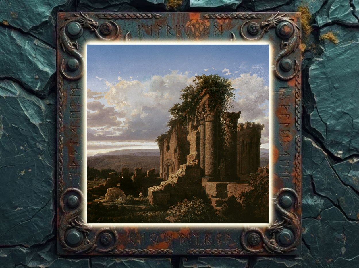Albumcover von TodoMal – Graveyards Of Joy: Ein klassisches Gemälde zeigt die Ruine einer großen steinernen Kirche oder Abtei in weiter Landschaft unter hellem Himmel. Teile des Bauwerks sind zerfallen, Pflanzen überwuchern Mauern und Säulen.