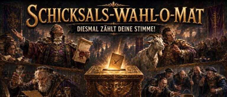 Fantasy-Wahlbanner zum Schicksals-Wahl-O-Mat: vier absurde Parteien der Zwischenreiche treten vor düsterer Stadtkulisse an – eine strenge Ritterordnung, ein reicher Drachenhort-Politiker, ein naturmystischer Druide und ein lautstarker Tavernenpopulist mit Bierkrug.