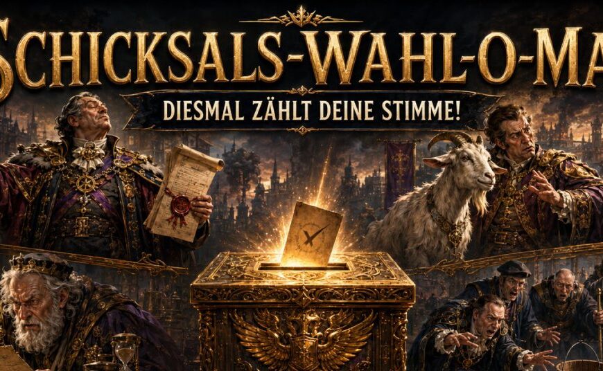 Fantasy-Wahlbanner zum Schicksals-Wahl-O-Mat: vier absurde Parteien der Zwischenreiche treten vor düsterer Stadtkulisse an – eine strenge Ritterordnung, ein reicher Drachenhort-Politiker, ein naturmystischer Druide und ein lautstarker Tavernenpopulist mit Bierkrug.