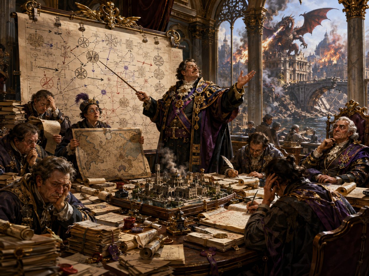 Absurdes Fantasy-Ministerium mit Beamten, Aktenbergen und Karten, während draußen eine offensichtliche Katastrophe nachträglich zum Plan erklärt wird
