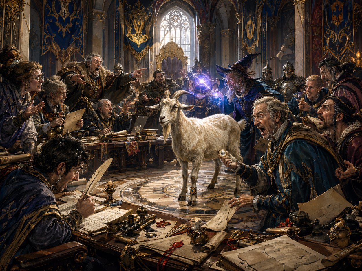 Absurde Fantasy-Ratssitzung mit einer Ziege im Mittelpunkt, während Beamte, Magier und Adlige das Tier wie eine nationale Krise behandeln