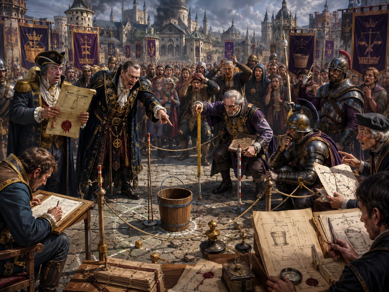 Absurde Fantasy-Krisenszene mit einem einzelnen Holzeimer, der von Wachen, Beamten und Schreibern wie ein nationales Sicherheitsproblem untersucht wird