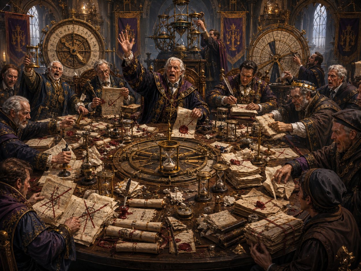 Absurde Fantasy-Ausschusssitzung mit Beamten, widersprüchlichen Beschlüssen, umgedrehten Sanduhren und ständig neu versiegelten Schriftrollen