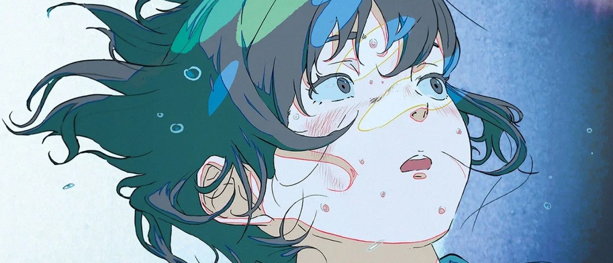 Eine junge Frau mit dunklen blaugrünen Haaren blickt unter Wasser nach oben, während kleine Luftblasen ihr Gesicht und die aquarellartige blaue Umgebung umgeben.