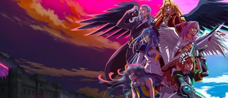 Mehrere farbenfrohe Anime-Fantasyfiguren mit schwarzen und weißen Flügeln stehen rechts vor einem zweigeteilten Himmel. Links erhebt sich eine dunkle Burg in einer felsigen Landschaft.