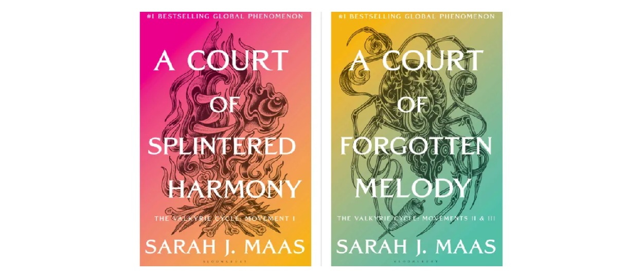Nebeneinander stehen die Cover von A Court of Splintered Harmony in Pink und Orange sowie A Court of Forgotten Melody in Gelb und Türkis, jeweils mit ornamentaler schwarzer Illustration und dem Namen Sarah J. Maas.