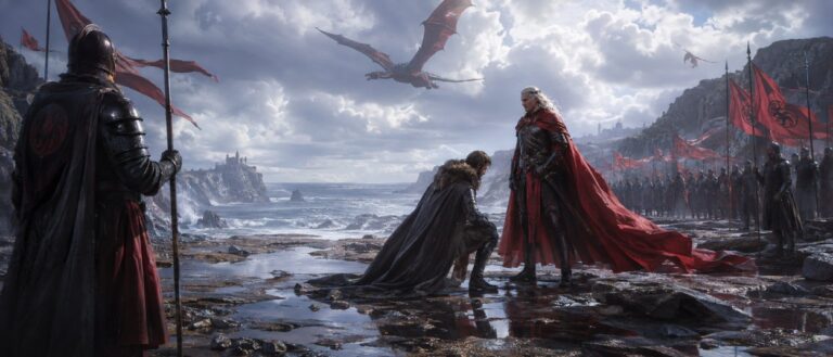 An einer stürmischen Küste kniet ein Mann vor einem weißhaarigen Targaryen in rotem Mantel. Im Hintergrund stehen Soldaten mit roten Bannern, während mehrere Drachen über den Klippen kreisen.