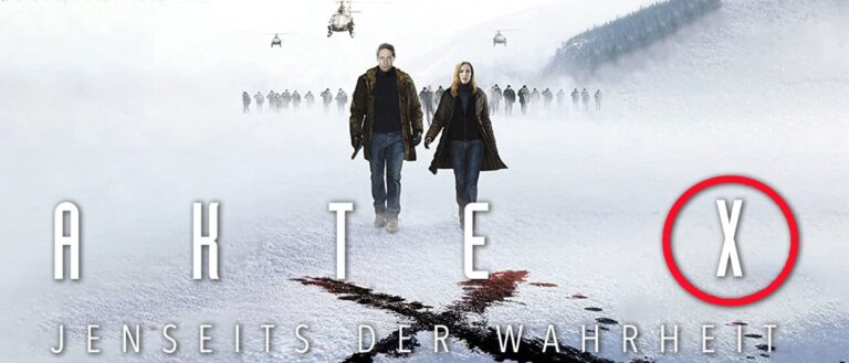 Fox Mulder und Dana Scully stehen vor einer kalten, dunkelblauen Winterlandschaft. Über ihnen stehen das X-Files-Logo und der Schriftzug Vrach Frankenshteyn.