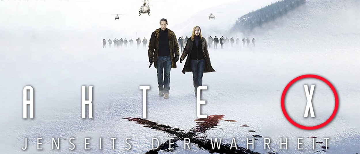 Fox Mulder und Dana Scully stehen vor einer kalten, dunkelblauen Winterlandschaft. Über ihnen stehen das X-Files-Logo und der Schriftzug Vrach Frankenshteyn.