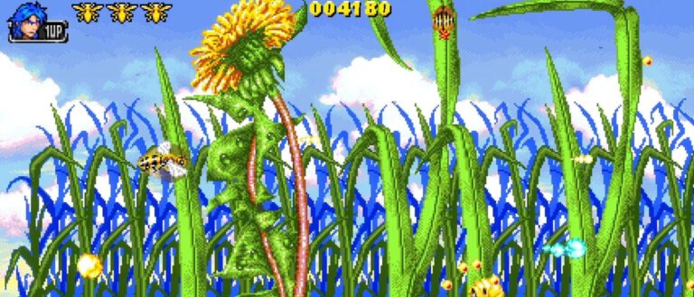 Eine kleine bewaffnete Biene fliegt durch eine farbenfrohe Pixelwelt aus riesigen Grashalmen und Pflanzen und kämpft gegen überdimensionale Kreaturen.
