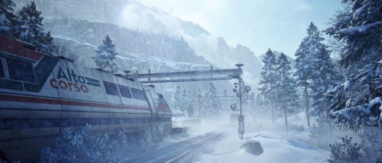 Eine eingeschneite futuristische Bahn steht zwischen verschneiten Nadelbäumen und steilen Bergwänden in einer verlassenen winterlichen Landschaft.